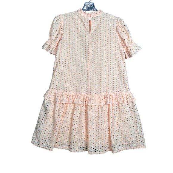Wishing Waves Eyelet Mini Dress Small Peach Drop Waist Cottage Spring Easter - Picture 3 of 8